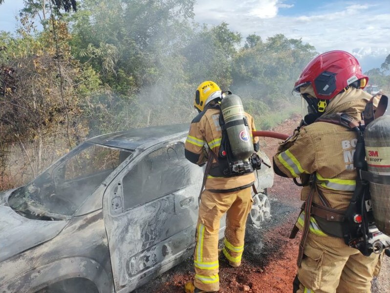 Carro é destruído por incêndio na LMG-626 em Taiobeiras
