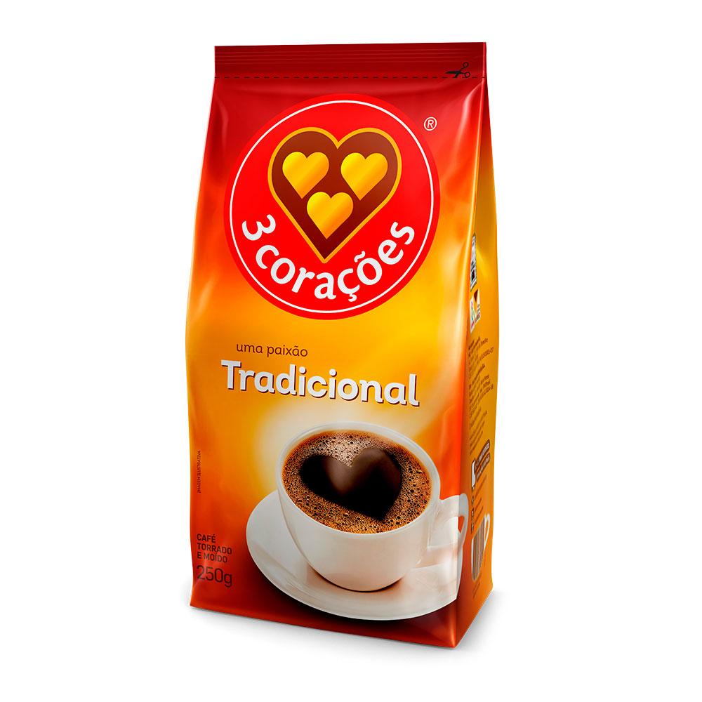 CAFÉ TORRADO E MOÍDO TRADICIONAL 3 CORAÇÕES PACOTE 250G